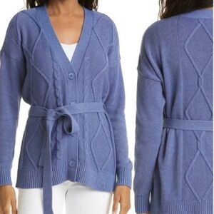L’AGENCE MICA BELTED CABLE KNIT DUSTY BLUE COTTON CARDIGAN SWEATER SIZE XXL/TTG